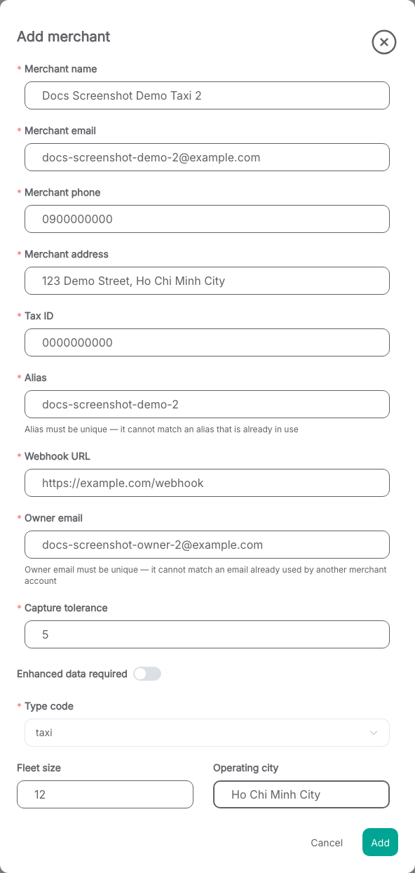 The "Add merchant" form filled in with a taxi business's details, alias, webhook URL, owner email, capture tolerance, and fleet size / operating city