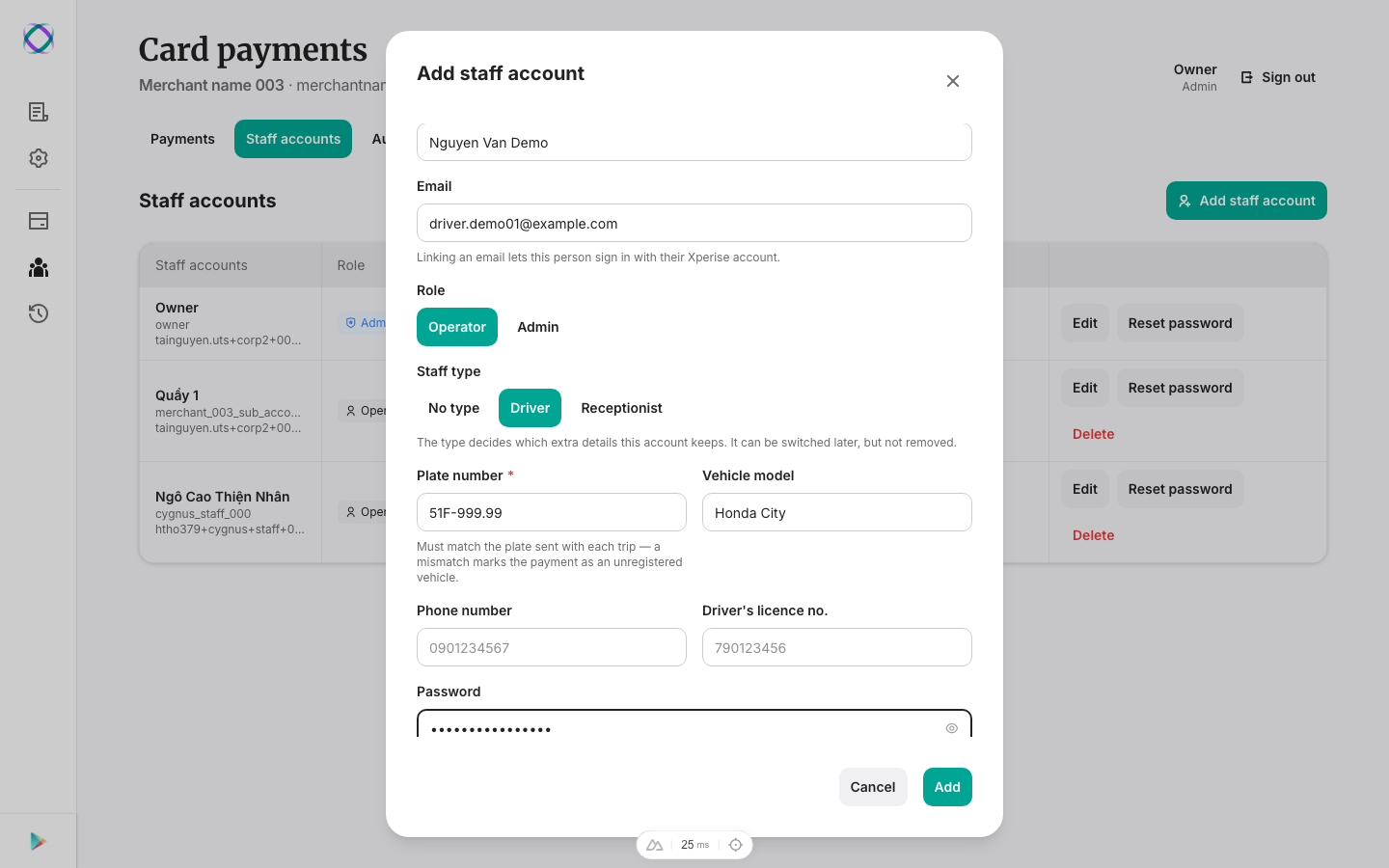 The Add staff account form filled in for a driver: username, display name, email, role, staff type, plate number, vehicle model, and password