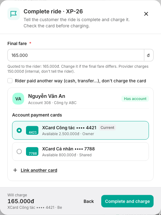 Complete ride dialog: final fare and payment card
