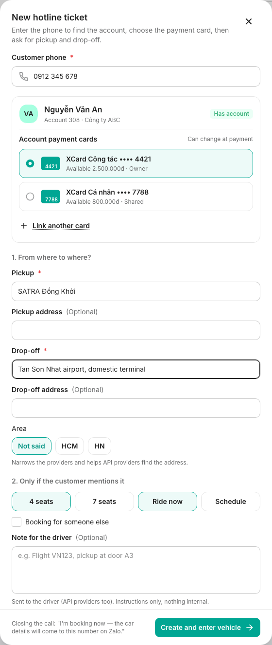 The New hotline ticket form with the caller's account and cards