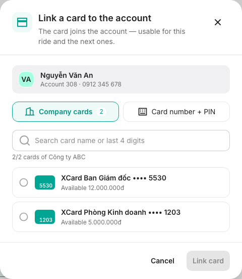 Link a card to the account: Company cards and Card number + PIN tabs