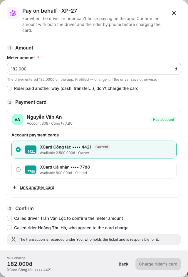 Pay on behalf dialog: meter amount, card and phone confirmations