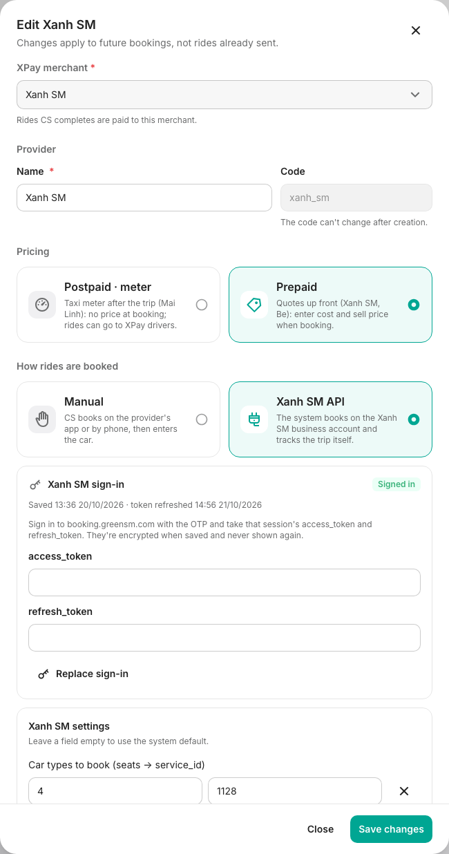 Editing a Xanh SM API provider, with its sign-in