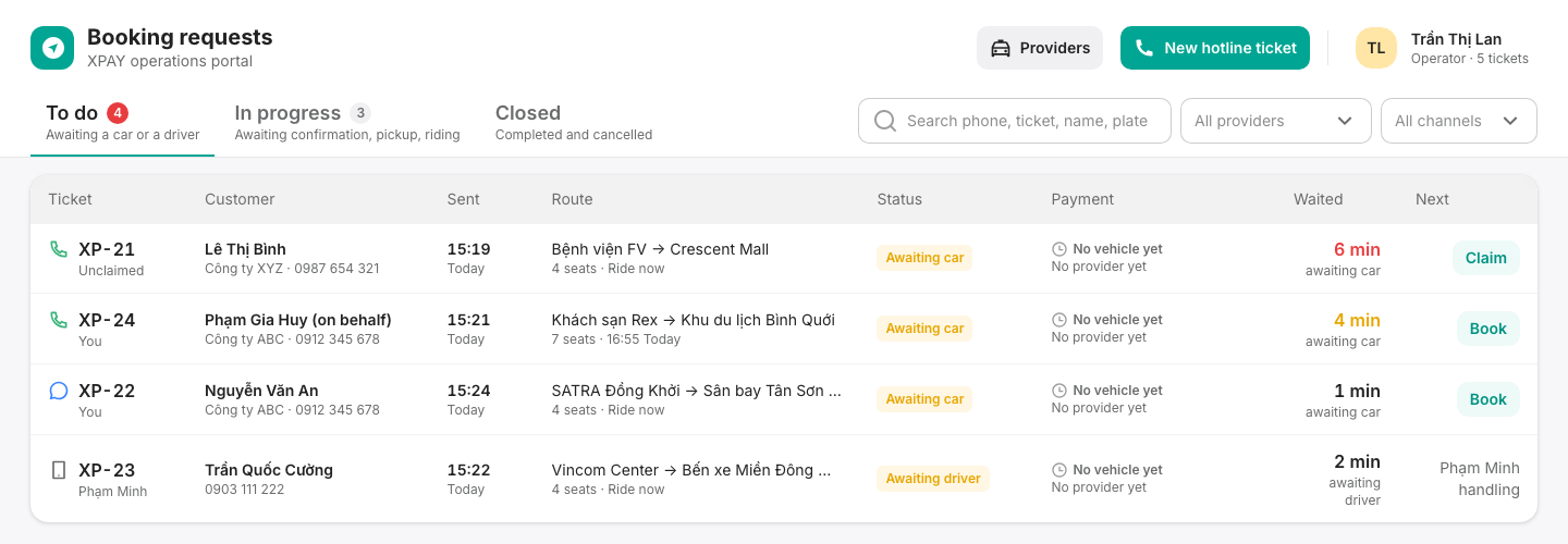 Booking requests: the To do tab with tickets, search and filters