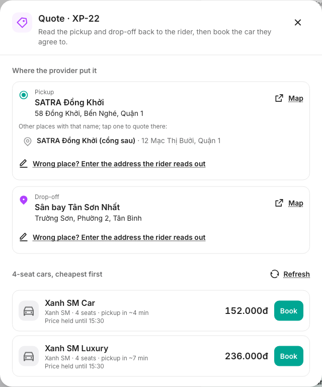 Quote dialog: where the provider put the places, and cars cheapest first