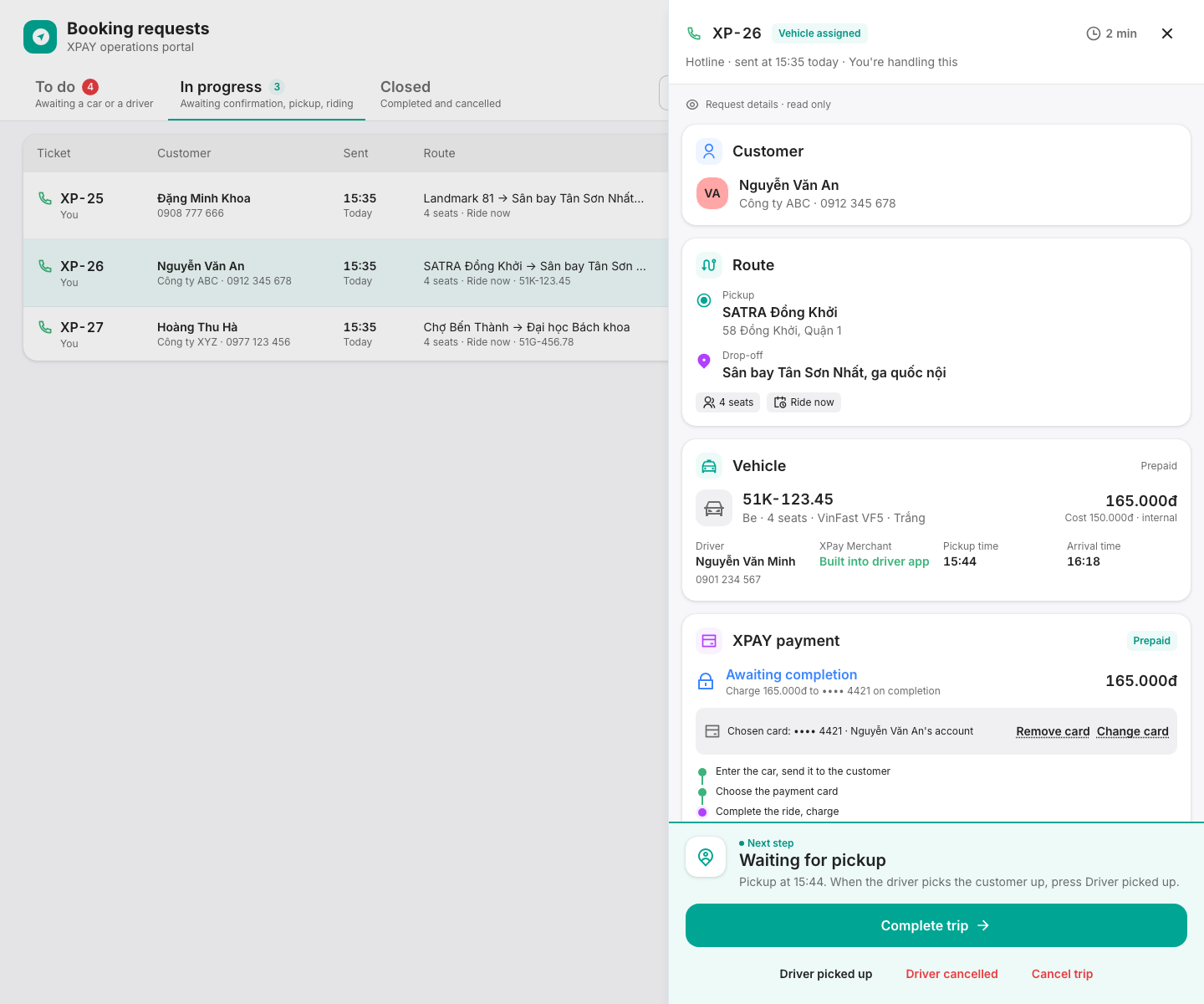 A ticket with a vehicle assigned: vehicle, XPAY payment and Next step
