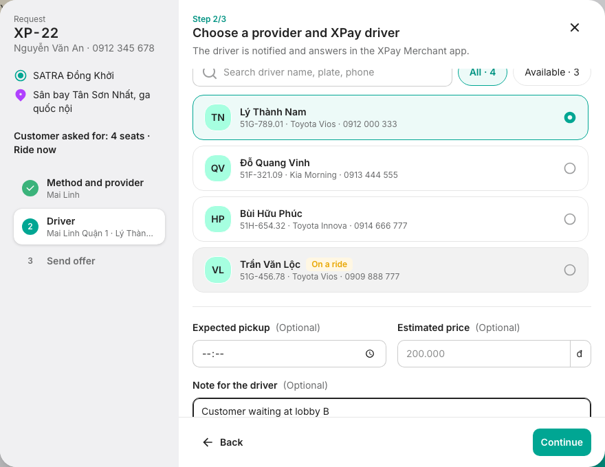 Send to an XPay driver: choosing a Mai Linh driver