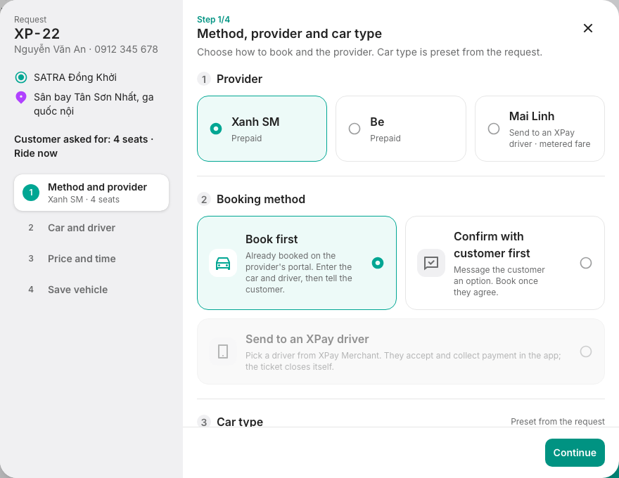 Booking wizard step 1: provider, booking method and car type