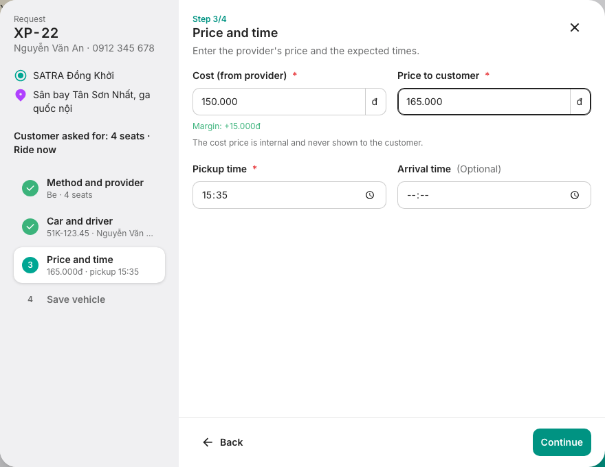 Booking wizard: cost, price to customer and times