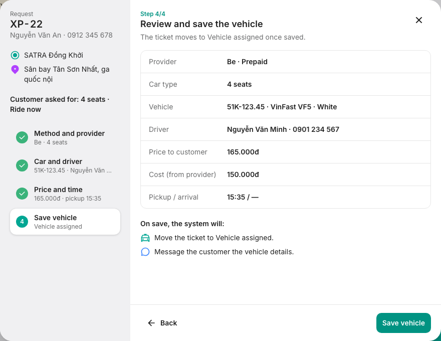 Booking wizard: review before saving the vehicle