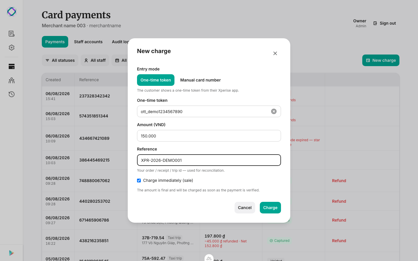 The New charge form filled in: one-time token, amount, reference, and "Charge immediately" checked