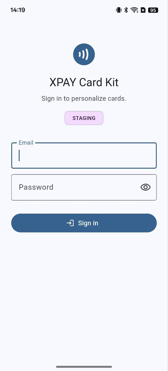 The XPAY Card Kit sign-in screen on a test build: a pink STAGING chip sits between the subtitle “Sign in to personalize cards.” and the Email field, above the Password field and the “Sign in” button.