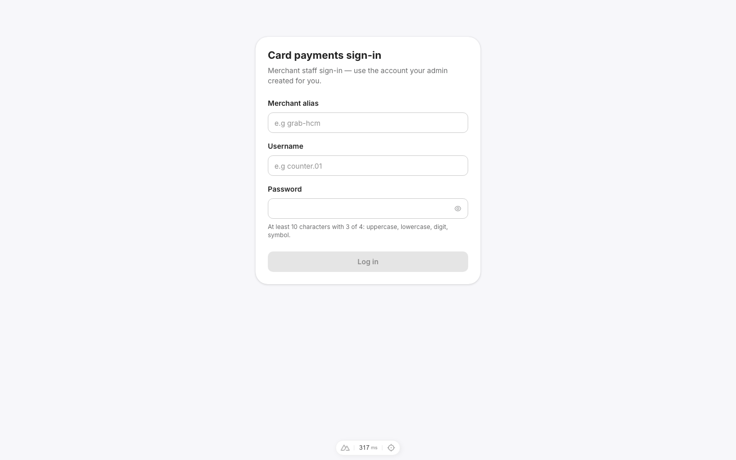 The staff sign-in form: merchant alias, username, and password fields