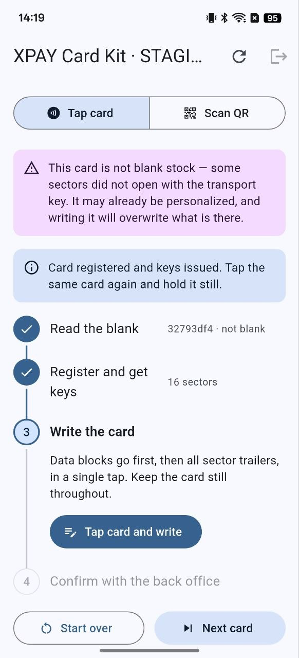 The “Tap card” / “Scan QR” toggle at the top of the Card Kit screen, with “Tap card” selected and highlighted, directly above the banner area and the four-step tracker.