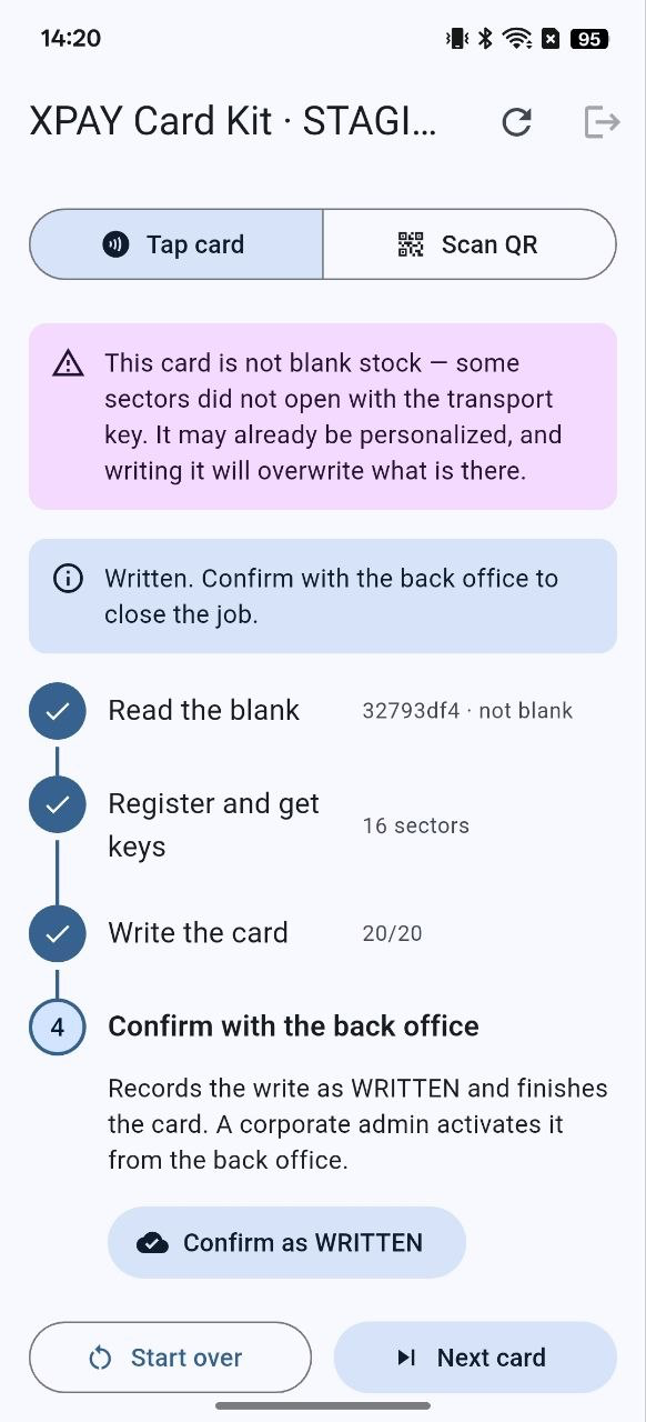 Step 4 of the Card Kit flow after a complete write: steps 1–3 ticked with “32793df4 · not blank”, “16 sectors” and “20/20”, a blue banner reading “Written. Confirm with the back office to close the job.”, and the “Confirm as WRITTEN” button under step 4.