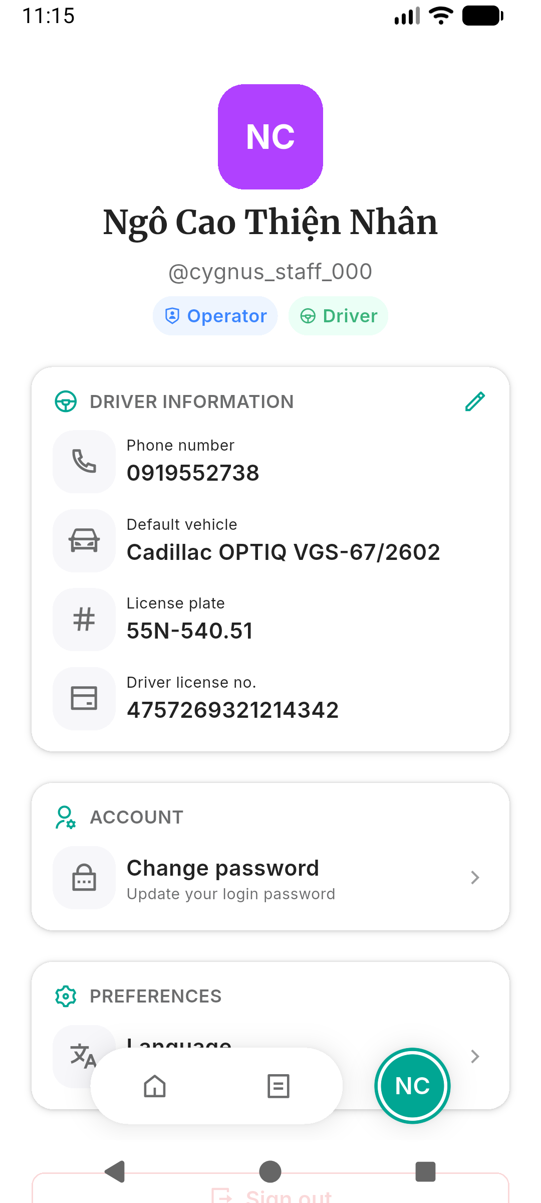 Profile — driver information