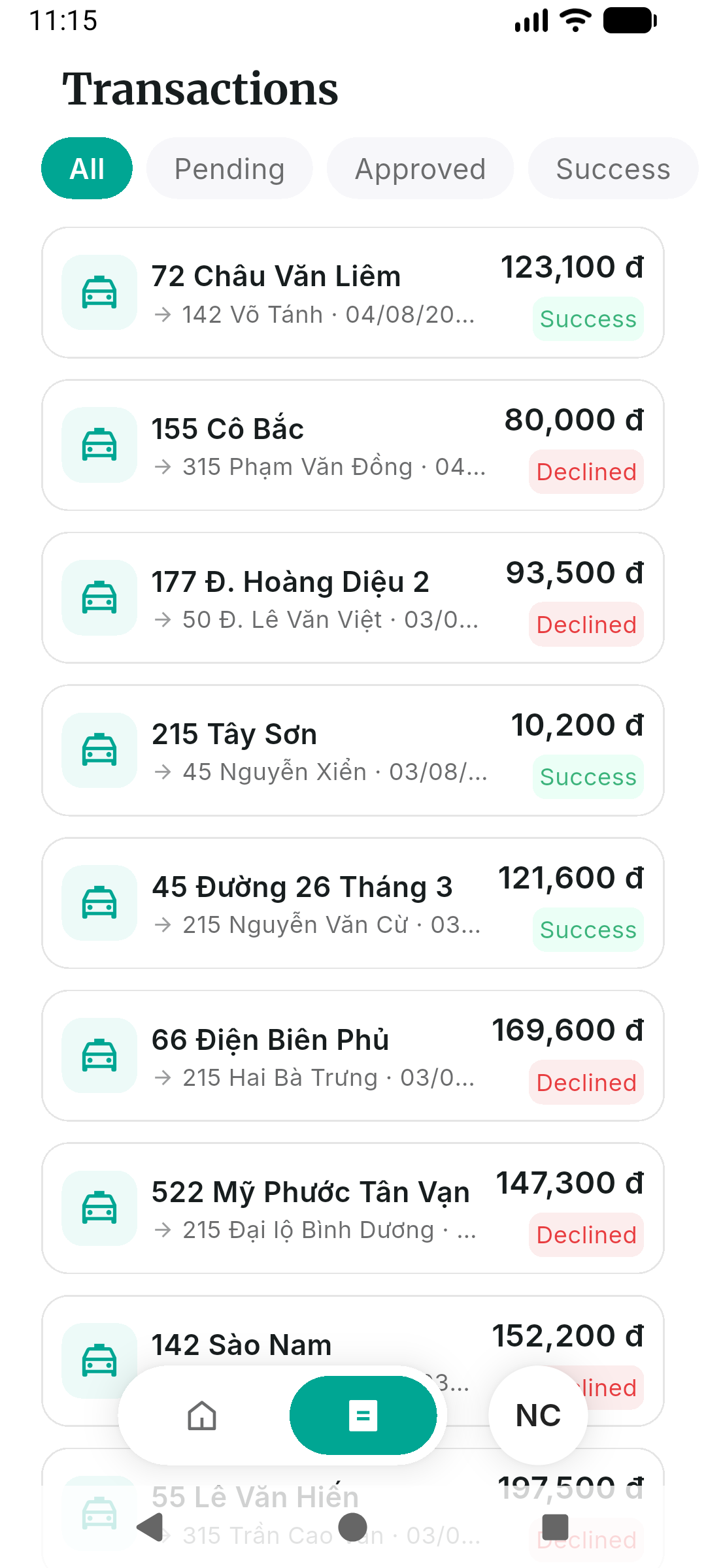 Transaction list