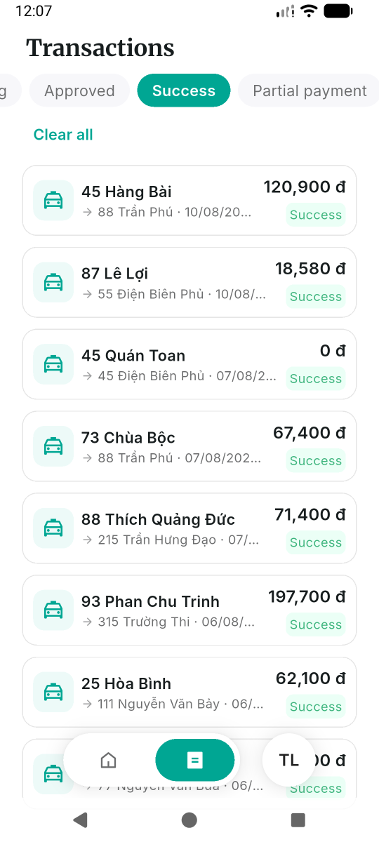 Filtered transaction list