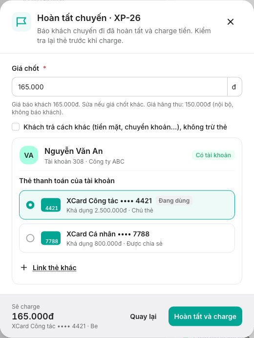 Hộp Hoàn tất chuyến: giá chốt và thẻ thanh toán