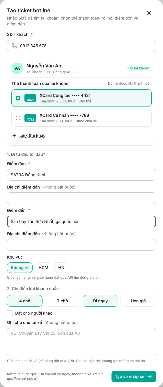 Form Tạo ticket hotline với tài khoản và thẻ của khách