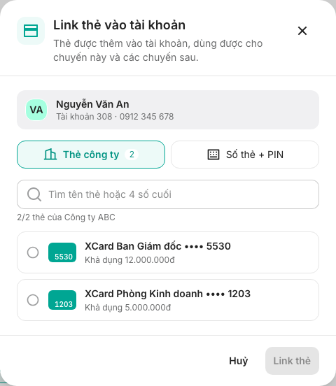 Link thẻ vào tài khoản: tab Thẻ công ty và Số thẻ + PIN