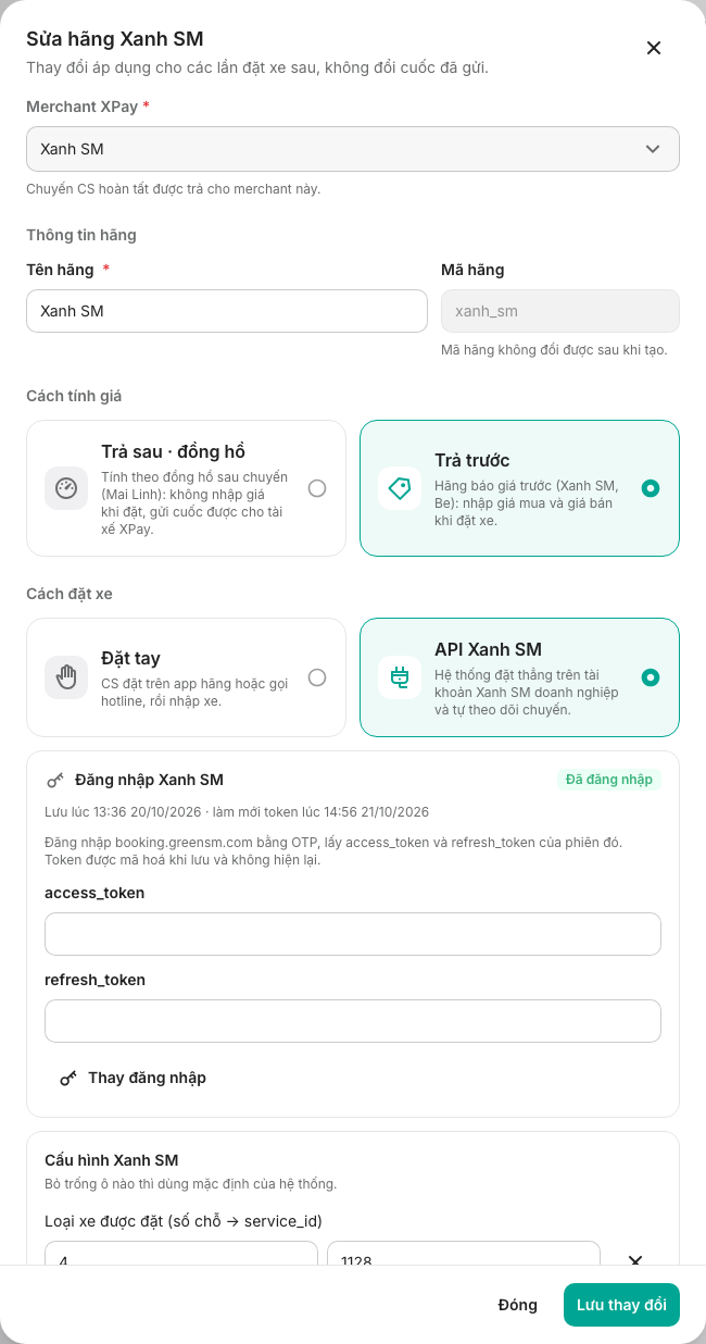 Sửa hãng Xanh SM đặt qua API, kèm phần đăng nhập