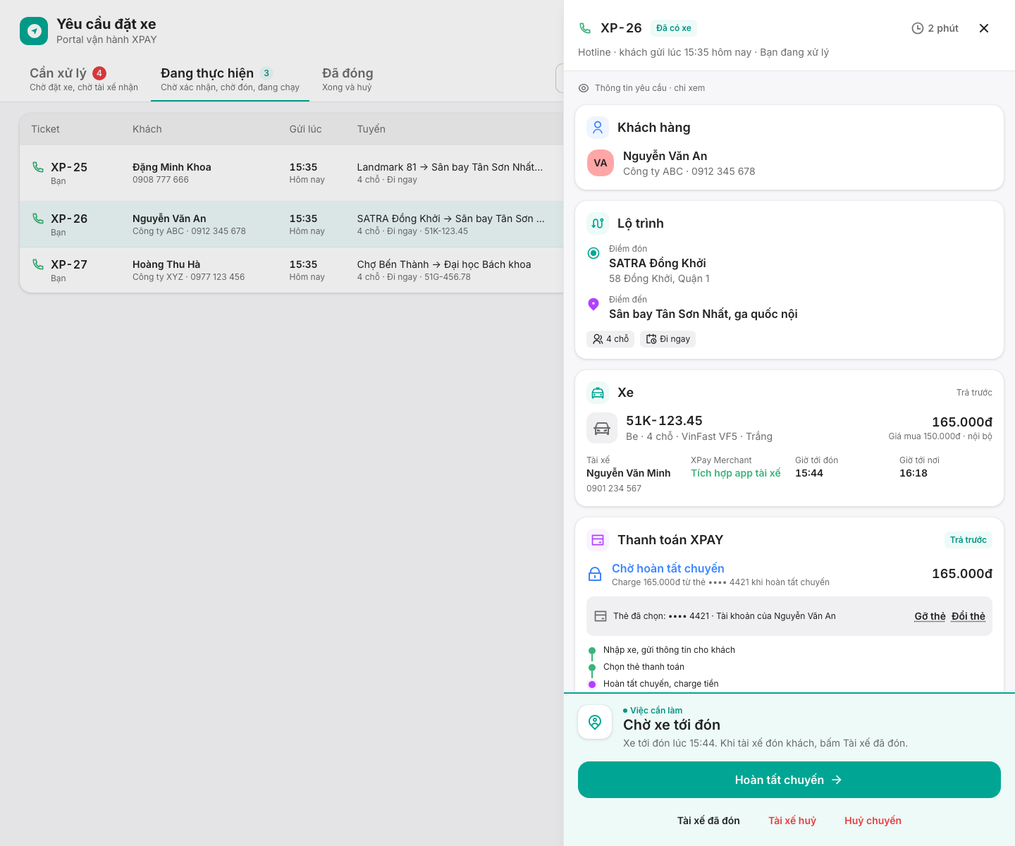 Ticket đã có xe: thông tin xe, Thanh toán XPAY và Việc cần làm