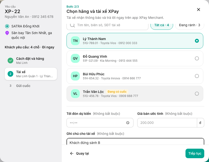 Gửi cuốc cho tài xế XPay: chọn tài xế Mai Linh