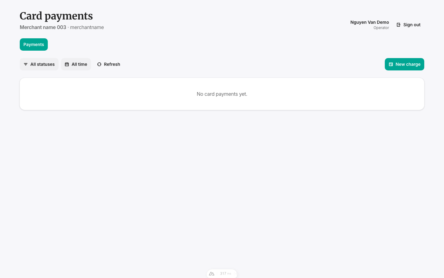 Giao diện của một Nhân viên (Operator): chỉ có tab Payments, không có Staff accounts hay Audit log