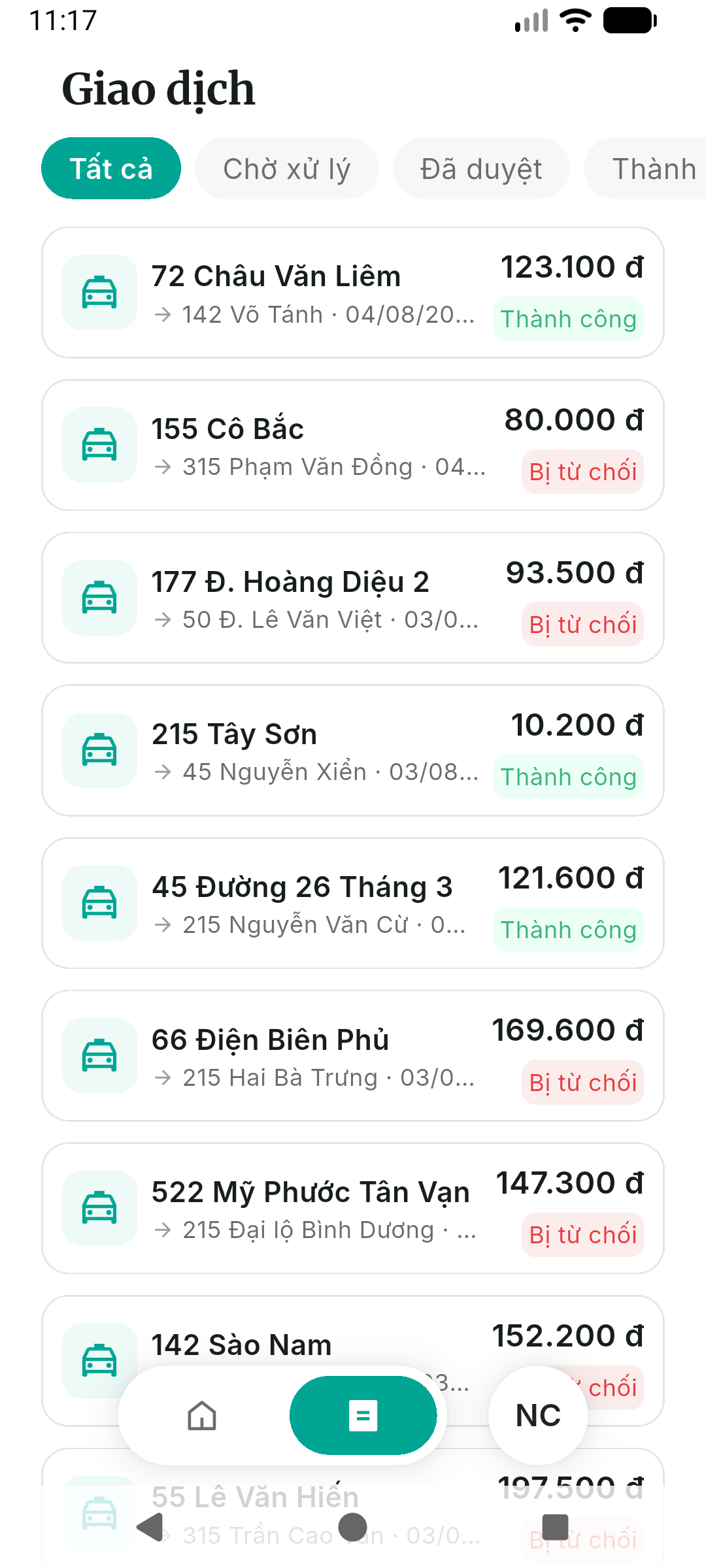 Danh sách giao dịch