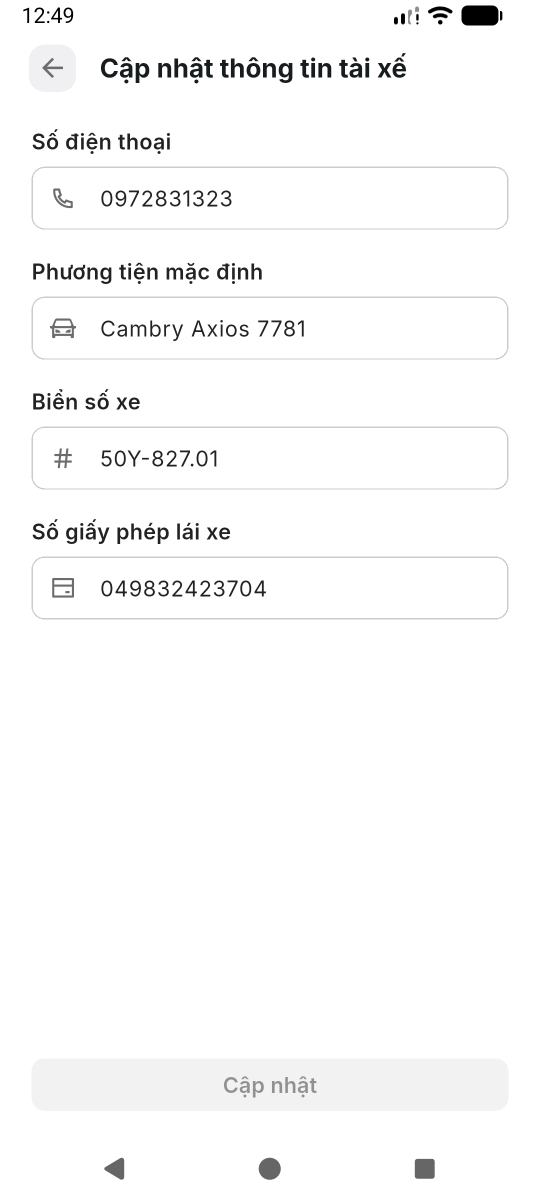 Cập nhật thông tin tài xế